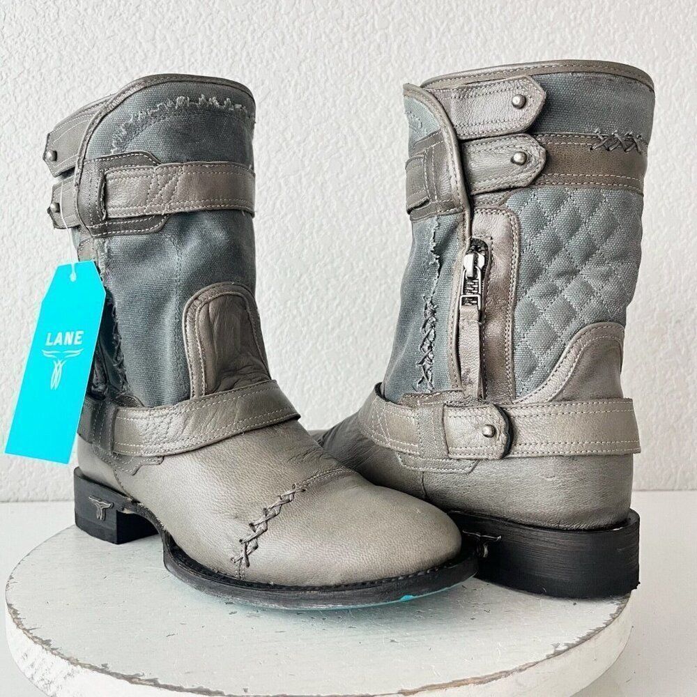 Lane Dustoff Women’s Western Moto Boots Gray Leather Harness Zip Ankle Size 8